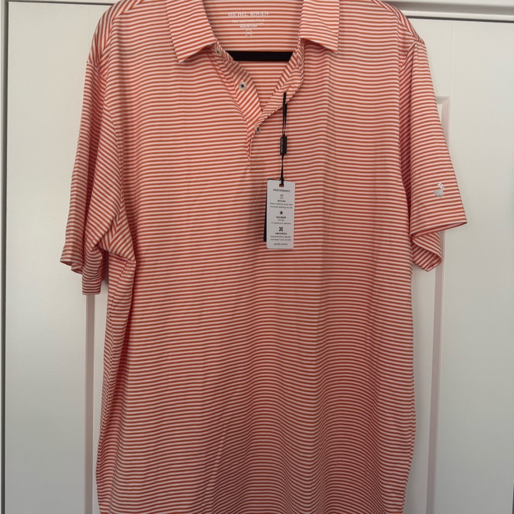 NWT Michel Rouen Men's Striped Polo Shirt - Orange/White